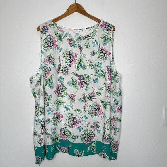 J Jill Floral Sleeveless Top 4X White Teal Lightweight Summer - Picture 1 of 9
